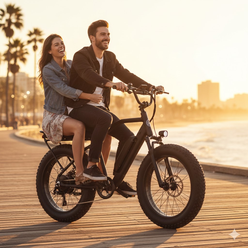 זוג צעירים רוכבים בטיילת החוף על אופניים חשמליים